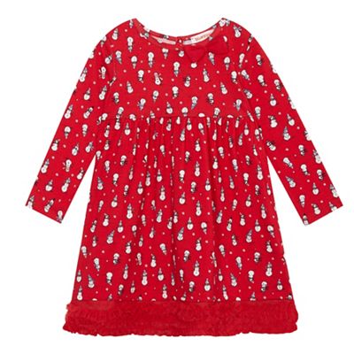 Girls' red snowman print dress